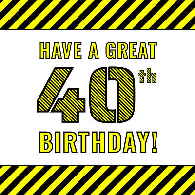 [ Thumbnail: 40th Birthday - Attention-Grabbing Yellow and Black Striped Stencil-Style Birthday Number Adult T-Shirt ]