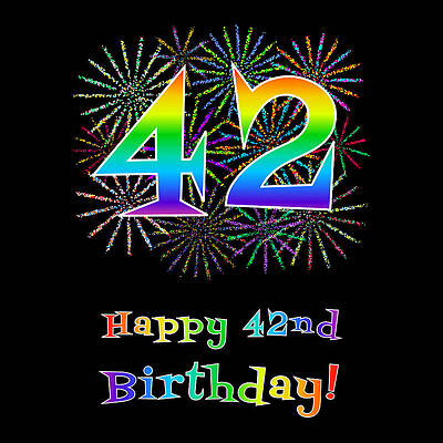 [ Thumbnail: 42nd Birthday - Fun Rainbow Spectrum Gradient Pattern Text, Bursting Fireworks Inspired Background Acrylic Print ]