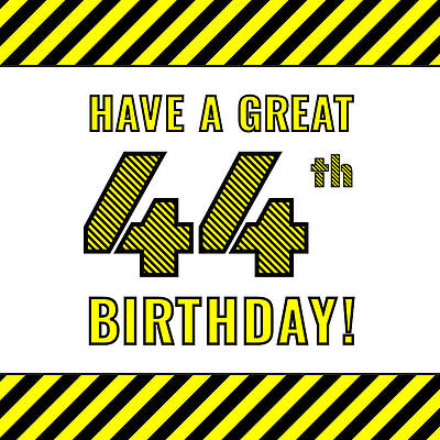 [ Thumbnail: 44th Birthday - Attention-Grabbing Yellow and Black Striped Stencil-Style Birthday Number Wood Print ]