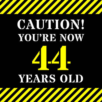 [ Thumbnail: 44th Birthday - Warning Stripes and Stencil Style Text Wood Print ]