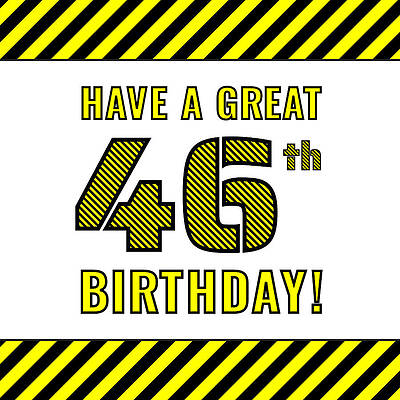 [ Thumbnail: 46th Birthday - Attention-Grabbing Yellow and Black Striped Stencil-Style Birthday Number Framed Print ]