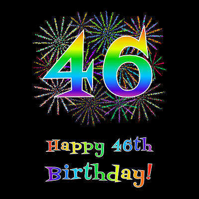 [ Thumbnail: 46th Birthday - Fun Rainbow Spectrum Gradient Pattern Text, Bursting Fireworks Inspired Background Women's T-Shirt ]