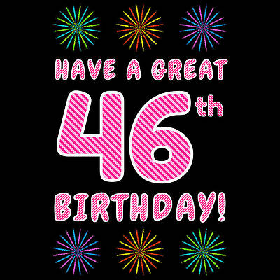 [ Thumbnail: 46th Birthday - Light Pink and Dark Pink Striped Text, and Colorful Bursting Fireworks Shapes Tote Bag ]