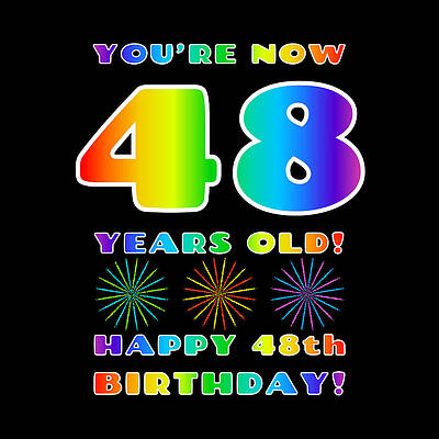 [ Thumbnail: 48th Birthday - Bold, Colorful, Rainbow Spectrum Gradient Pattern Text, With Firework Shapes Throw Pillow ]