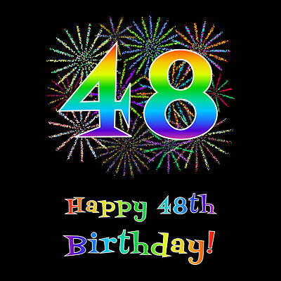 [ Thumbnail: 48th Birthday - Fun Rainbow Spectrum Gradient Pattern Text, Bursting Fireworks Inspired Background Framed Print ]