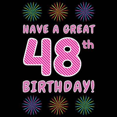 [ Thumbnail: 48th Birthday - Light Pink and Dark Pink Striped Text, and Colorful Bursting Fireworks Shapes Tapestry ]