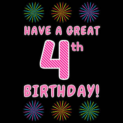 [ Thumbnail: 4th Birthday - Light Pink and Dark Pink Striped Text, and Colorful Bursting Fireworks Shapes Adult T-Shirt ]