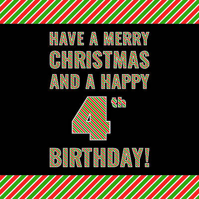 [ Thumbnail: 4th Birthday on Christmas Day - Red, White, Green Stripes - Born on December 25th Adult T-Shirt ]