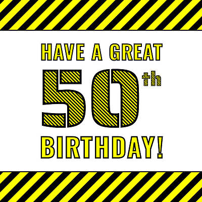 [ Thumbnail: 50th Birthday - Attention-Grabbing Yellow and Black Striped Stencil-Style Birthday Number ]