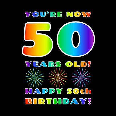 [ Thumbnail: 50th Birthday - Bold, Colorful, Rainbow Spectrum Gradient Pattern Text, With Firework Shapes Wood Print ]