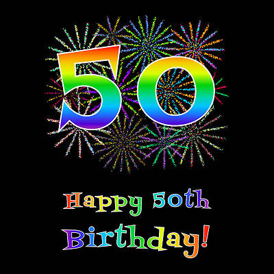 [ Thumbnail: 50th Birthday - Fun Rainbow Spectrum Gradient Pattern Text, Bursting Fireworks Inspired Background Coffee Mug ]
