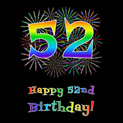 [ Thumbnail: 52nd Birthday - Fun Rainbow Spectrum Gradient Pattern Text, Bursting Fireworks Inspired Background Framed Print ]