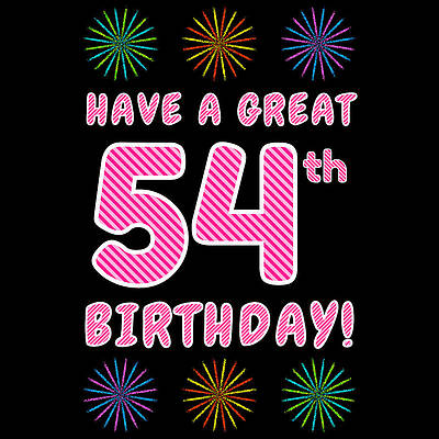 [ Thumbnail: 54th Birthday - Light Pink and Dark Pink Striped Text, and Colorful Bursting Fireworks Shapes Sticker ]