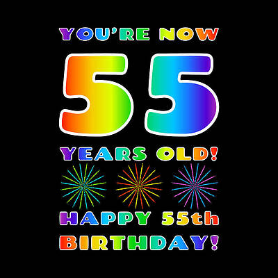 [ Thumbnail: 55th Birthday - Bold, Colorful, Rainbow Spectrum Gradient Pattern Text, With Firework Shapes Tote Bag ]
