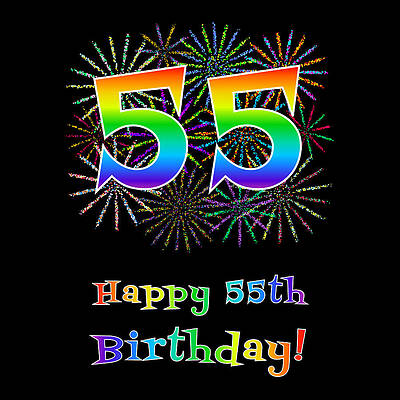 [ Thumbnail: 55th Birthday - Fun Rainbow Spectrum Gradient Pattern Text, Bursting Fireworks Inspired Background Fleece Blanket ]
