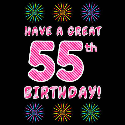 [ Thumbnail: 55th Birthday - Light Pink and Dark Pink Striped Text, and Colorful Bursting Fireworks Shapes ]