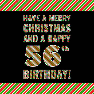 [ Thumbnail: 56th Birthday on Christmas Day - Red, White, Green Stripes - Born on December 25th Wood Print ]