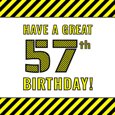 [ Thumbnail: 57th Birthday - Attention-Grabbing Yellow and Black Striped Stencil-Style Birthday Number Framed Print ]