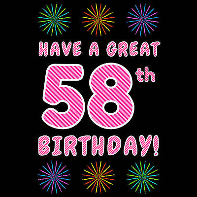 [ Thumbnail: 58th Birthday - Light Pink and Dark Pink Striped Text, and Colorful Bursting Fireworks Shapes Women's T-Shirt ]