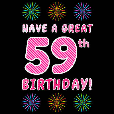 [ Thumbnail: 59th Birthday - Light Pink and Dark Pink Striped Text, and Colorful Bursting Fireworks Shapes Youth T-Shirt ]