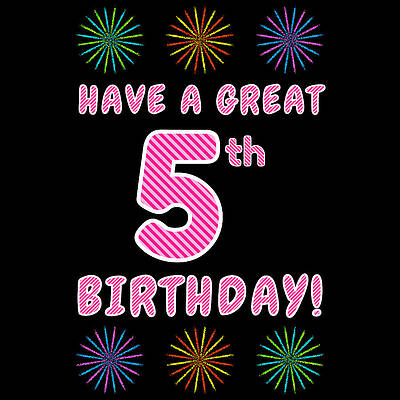 [ Thumbnail: 5th Birthday - Light Pink and Dark Pink Striped Text, and Colorful Bursting Fireworks Shapes ]