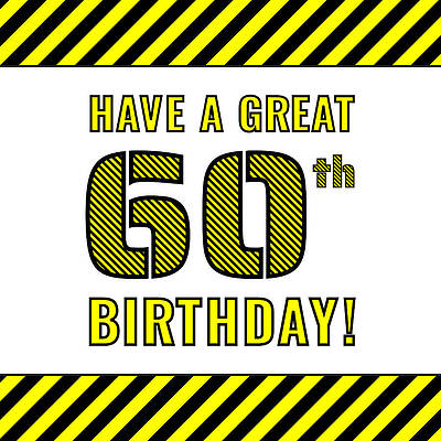 [ Thumbnail: 60th Birthday - Attention-Grabbing Yellow and Black Striped Stencil-Style Birthday Number Framed Print ]
