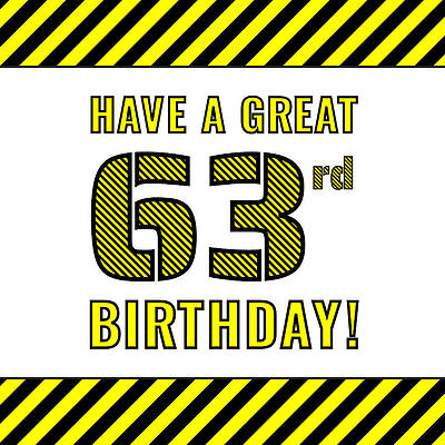 [ Thumbnail: 63rd Birthday - Attention-Grabbing Yellow and Black Striped Stencil-Style Birthday Number Adult T-Shirt ]