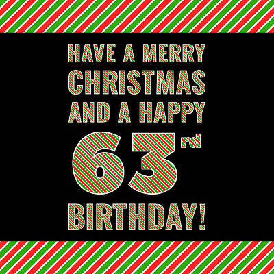[ Thumbnail: 63rd Birthday on Christmas Day - Red, White, Green Stripes - Born on December 25th Wood Print ]