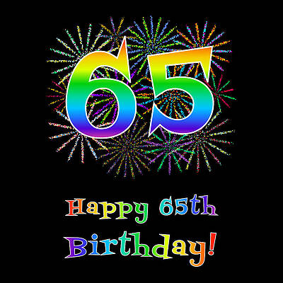 [ Thumbnail: 65th Birthday - Fun Rainbow Spectrum Gradient Pattern Text, Bursting Fireworks Inspired Background Adult T-Shirt ]