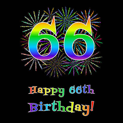 [ Thumbnail: 66th Birthday - Fun Rainbow Spectrum Gradient Pattern Text, Bursting Fireworks Inspired Background Tote Bag ]