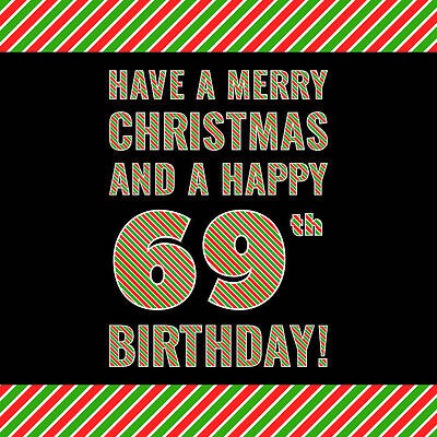 [ Thumbnail: 69th Birthday on Christmas Day - Red, White, Green Stripes - Born on December 25th Wood Print ]
