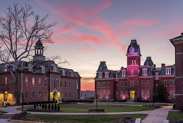 Sunset image of the famous Woodburn Hall at West Virginia University (WVU) in Morgantown, WV