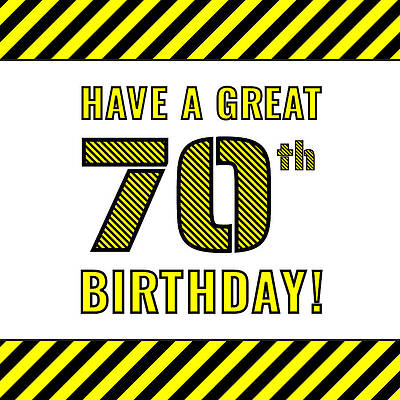 [ Thumbnail: 70th Birthday - Attention-Grabbing Yellow and Black Striped Stencil-Style Birthday Number Wood Print ]