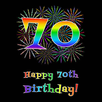 [ Thumbnail: 70th Birthday - Fun Rainbow Spectrum Gradient Pattern Text, Bursting Fireworks Inspired Background Shower Curtain ]