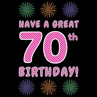 [ Thumbnail: 70th Birthday - Light Pink and Dark Pink Striped Text, and Colorful Bursting Fireworks Shapes Metal Print ]