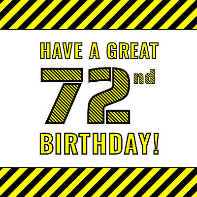 [ Thumbnail: 72nd Birthday - Attention-Grabbing Yellow and Black Striped Stencil-Style Birthday Number Tote Bag ]