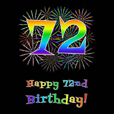 [ Thumbnail: 72nd Birthday - Fun Rainbow Spectrum Gradient Pattern Text, Bursting Fireworks Inspired Background Throw Pillow ]