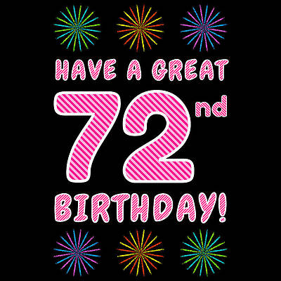 [ Thumbnail: 72nd Birthday - Light Pink and Dark Pink Striped Text, and Colorful Bursting Fireworks Shapes Women's T-Shirt ]