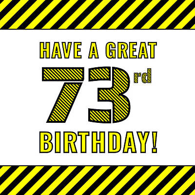 [ Thumbnail: 73rd Birthday - Attention-Grabbing Yellow and Black Striped Stencil-Style Birthday Number Metal Print ]