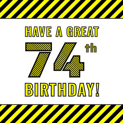 [ Thumbnail: 74th Birthday - Attention-Grabbing Yellow and Black Striped Stencil-Style Birthday Number Jigsaw Puzzle ]
