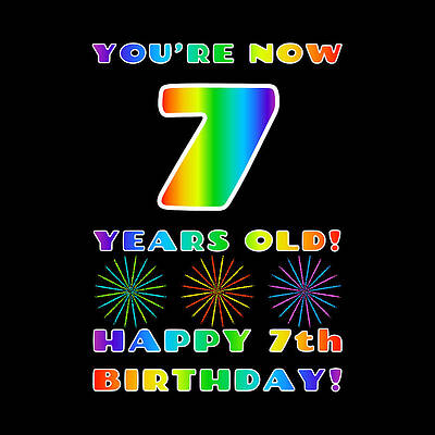 [ Thumbnail: 7th Birthday - Bold, Colorful, Rainbow Spectrum Gradient Pattern Text, With Firework Shapes Adult T-Shirt ]