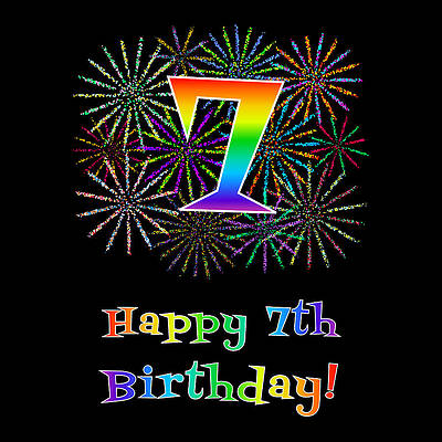 [ Thumbnail: 7th Birthday - Fun Rainbow Spectrum Gradient Pattern Text, Bursting Fireworks Inspired Background Tapestry ]