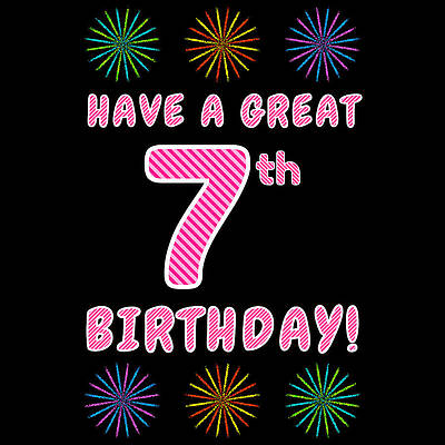 [ Thumbnail: 7th Birthday - Light Pink and Dark Pink Striped Text, and Colorful Bursting Fireworks Shapes Metal Print ]
