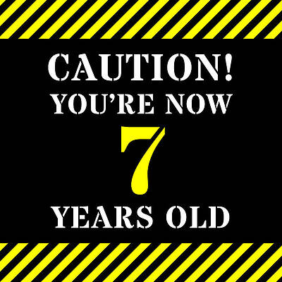 [ Thumbnail: 7th Birthday - Warning Stripes and Stencil Style Text Wood Print ]
