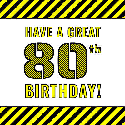 [ Thumbnail: 80th Birthday - Attention-Grabbing Yellow and Black Striped Stencil-Style Birthday Number Tote Bag ]