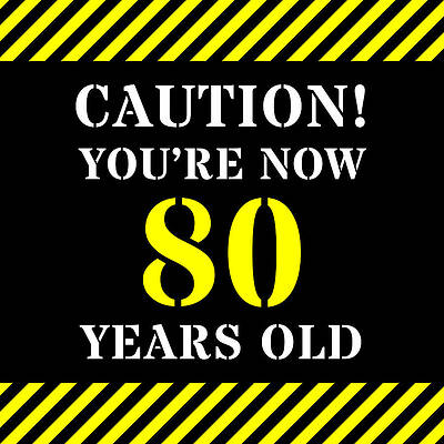 [ Thumbnail: 80th Birthday - Warning Stripes and Stencil Style Text Metal Print ]