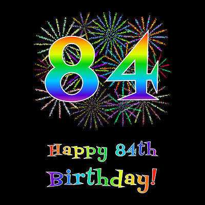 [ Thumbnail: 84th Birthday - Fun Rainbow Spectrum Gradient Pattern Text, Bursting Fireworks Inspired Background Tote Bag ]