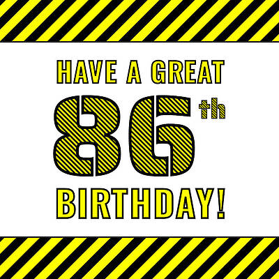 [ Thumbnail: 86th Birthday - Attention-Grabbing Yellow and Black Striped Stencil-Style Birthday Number Metal Print ]