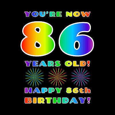 [ Thumbnail: 86th Birthday - Bold, Colorful, Rainbow Spectrum Gradient Pattern Text, With Firework Shapes Wood Print ]