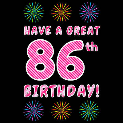[ Thumbnail: 86th Birthday - Light Pink and Dark Pink Striped Text, and Colorful Bursting Fireworks Shapes Wood Print ]